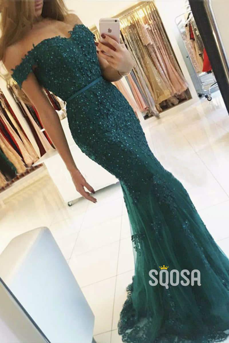 Burgundy Lace Beaded Off-the-Shoulder Mermaid Prom Dress QP1177|SQOSA