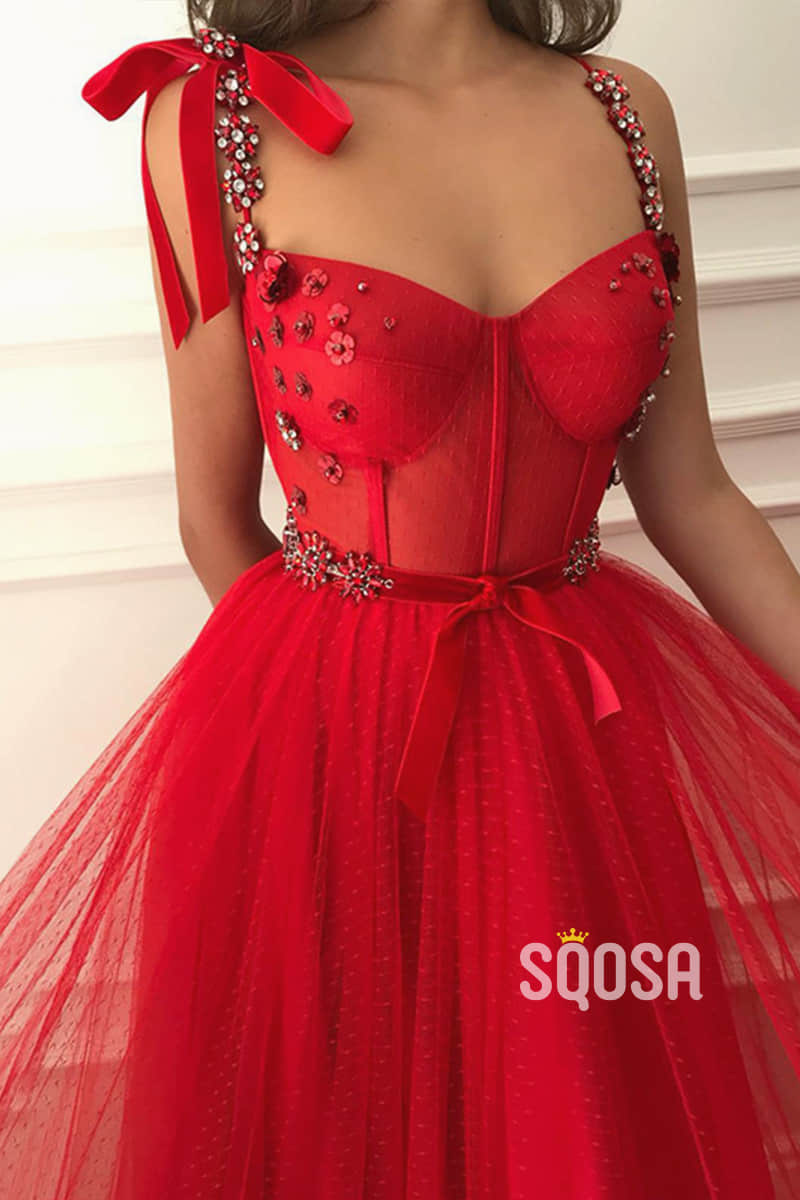 Red Tulle Beaded Straps A-Line Long Prom Dress with Pockets QP1180