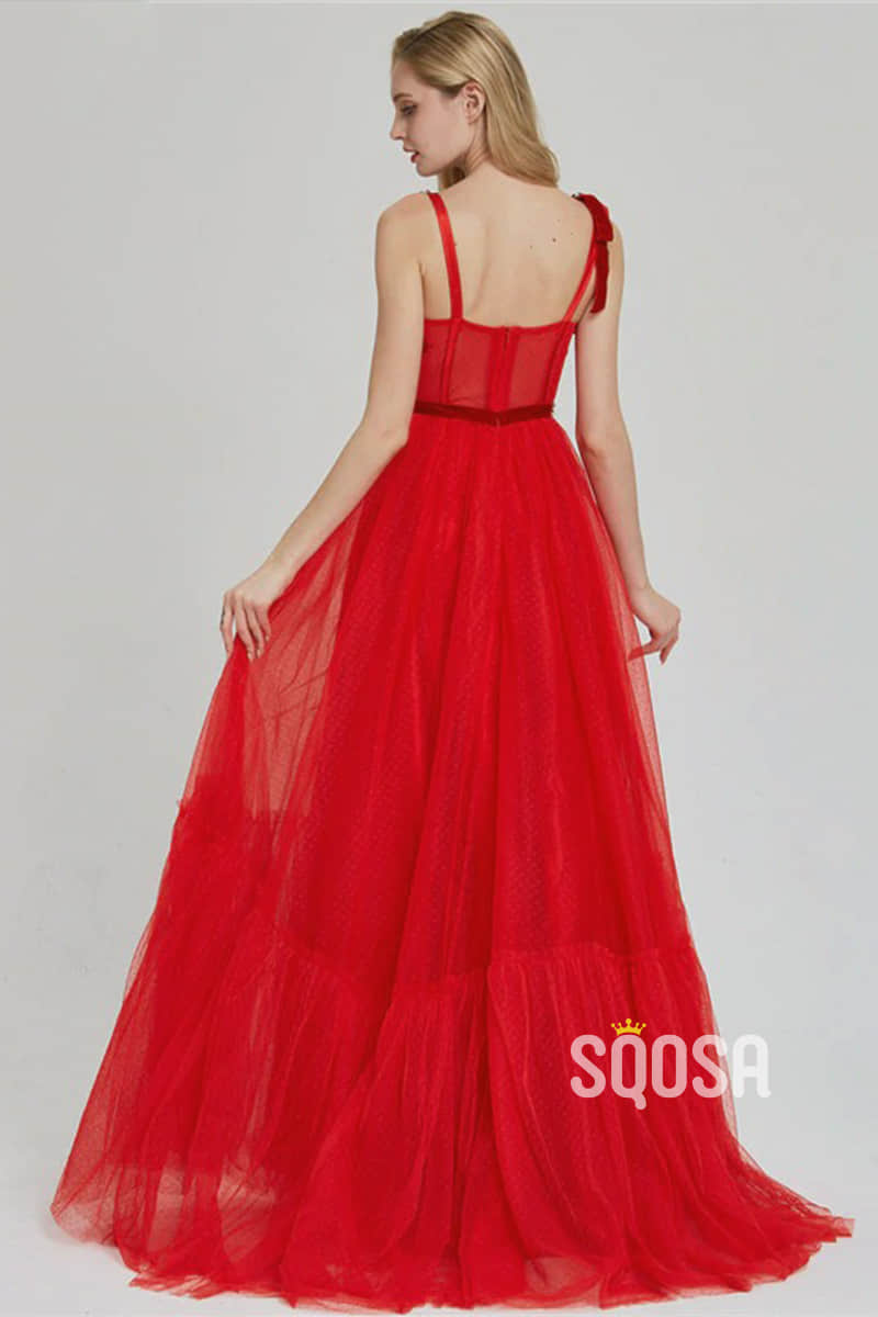 Red Tulle Beaded Straps A-Line Long Prom Dress with Pockets QP1180