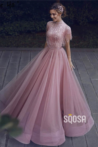 A-Line High Neck Beaded Pink Tulle Long Prom Dress QP1198|SQOSA
