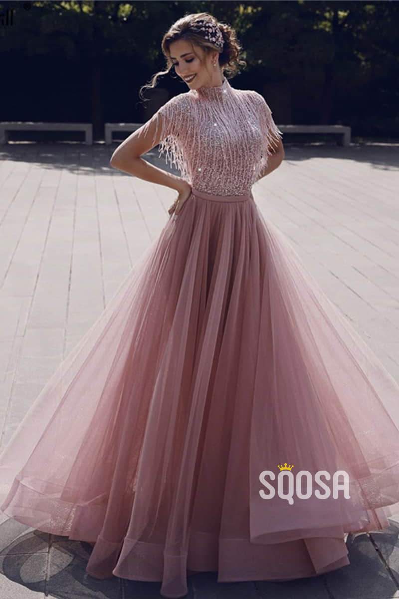 A-Line High Neck Beaded Pink Tulle Long Prom Dress QP1198|SQOSA