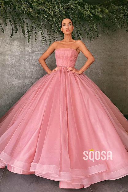 Ball Gown Pink Tulle Strapless Long Prom Evening Dress QP1222|SQOSA