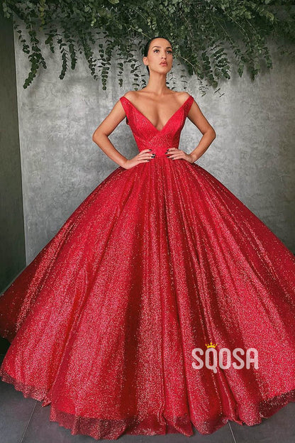 Ball Gown Off-the-Shoulder Red Sequins Long Evening Dress Prom Gowns QP1223|SQOSA
