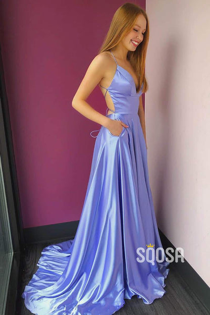 Lilac Satin A-Line V-neck Spaghetti Straps Long Prom Dress with Pockets QP1226|SQOSA
