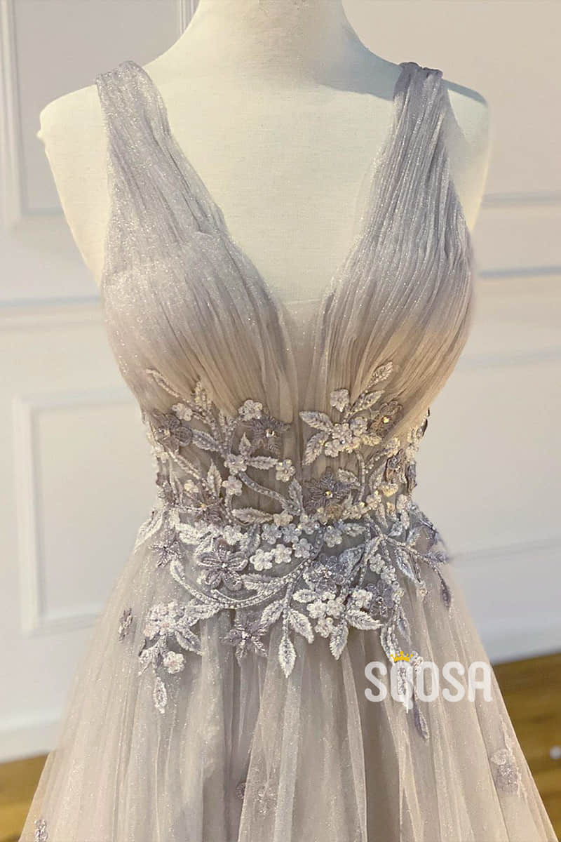 A-Line V-neck Grey Tulle Appliques Long Prom Dress QP1228|SQOSA