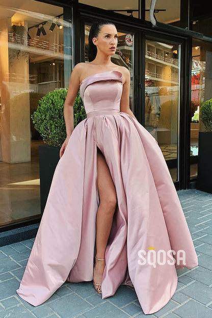 Pink Satin Strapless A-Line Long Prom Dress with Slit QP1230|SQOSA