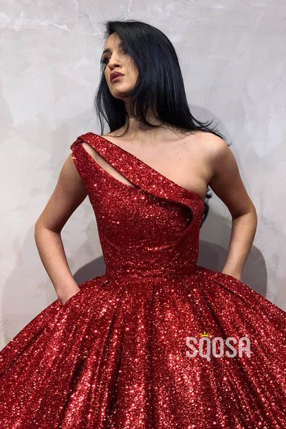 Ball Gown One Shoulder Burgundy Sequins Long Evening Gowns Prom Dress QP1232|SQOSA