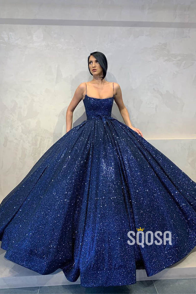 Ball Gown Navy Blue Sequins Spaghetti Straps Long Prom Dress with Pockets QP1233|SQOSA