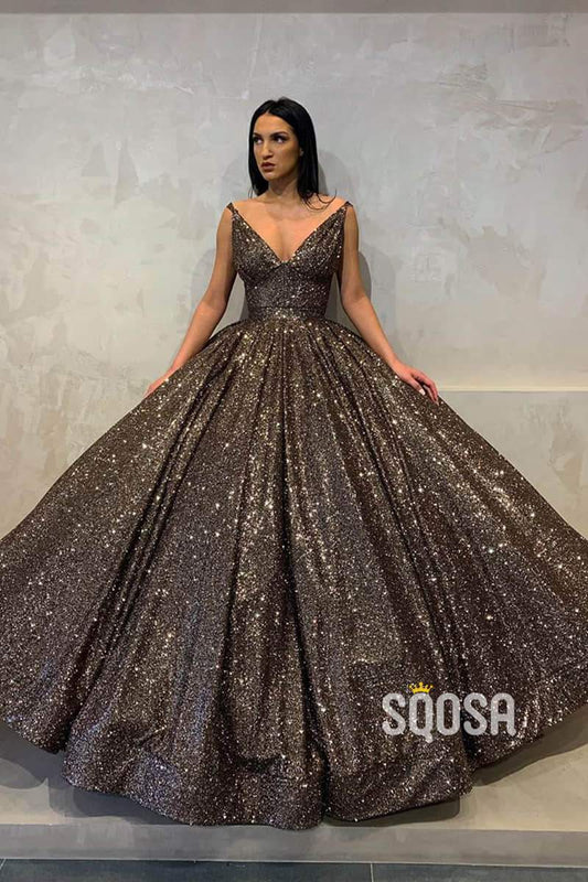 Ball Gown V Neck Cap Sleeves Sequins Long Prom Dress Formal Evening Gowns QP1234|SQOSA