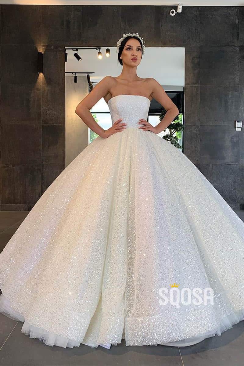 Ball Gown Strapless Ivory Sequins Sparkle Princess Wedding Dress QP1236|SQOSA