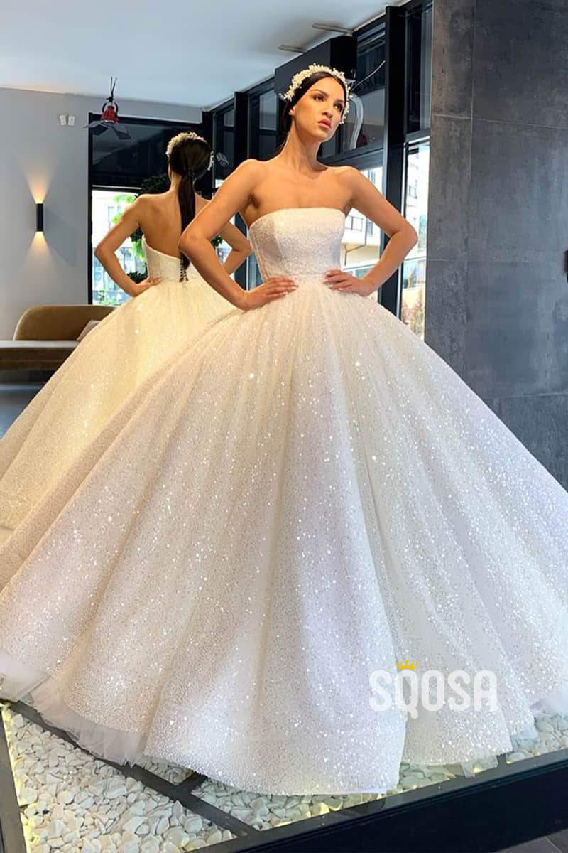 Ball Gown Strapless Ivory Sequins Sparkle Princess Wedding Dress QP123 ...