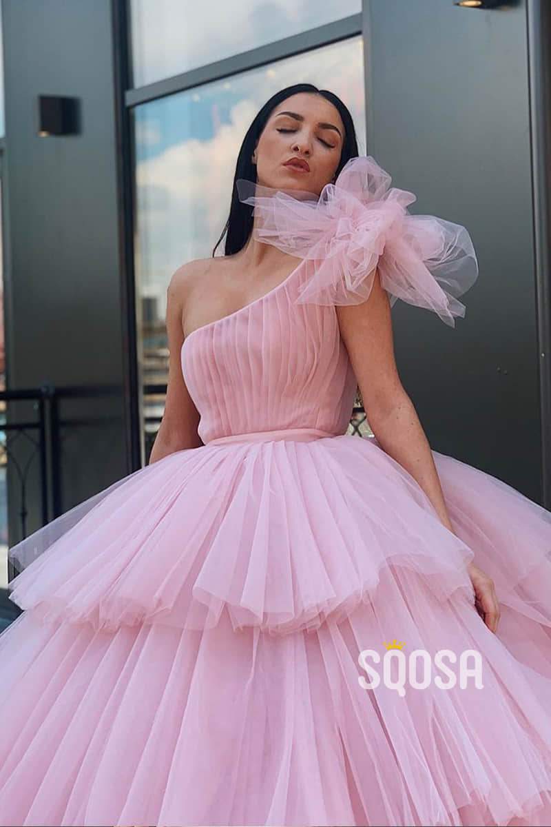 Ball Gown Pink Tulle One Shoulder Long Prom Dress Formal Evening Gowns QP1238|SQOSA