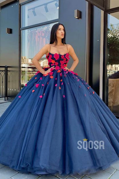 Ball Gown Navy Blue Tulle 3D Appliques Long Prom Dress Formal Evening Gowns QP1240|SQOSA