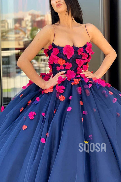 Ball Gown Navy Blue Tulle 3D Appliques Long Prom Dress Formal Evening Gowns QP1240|SQOSA