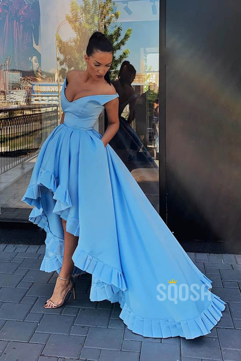 Sky Blue Satin V-neck High Low Long Prom Dress with Pockets QP1244|SQOSA