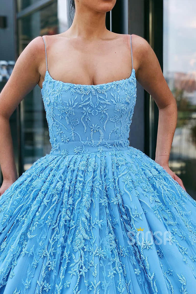 Ball Gown Sky Blue Exquisite Lace Long Prom Dress Formal Evening Gowns QP1247