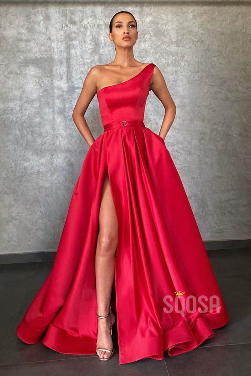 A-line Red Satin One Shoulde High Split Long Prom Dress with Pockets QP1248|SQOSA