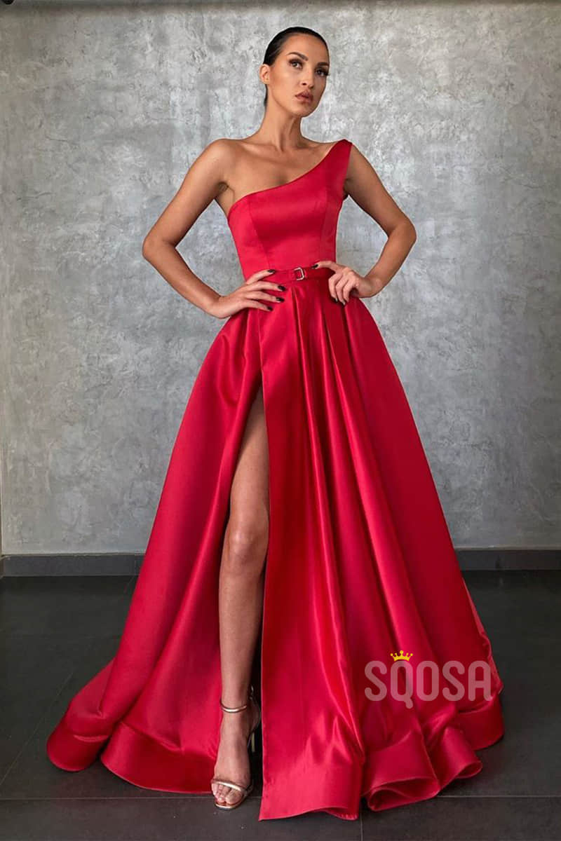 A-line Red Satin One Shoulde High Split Long Prom Dress with Pockets QP1248|SQOSA