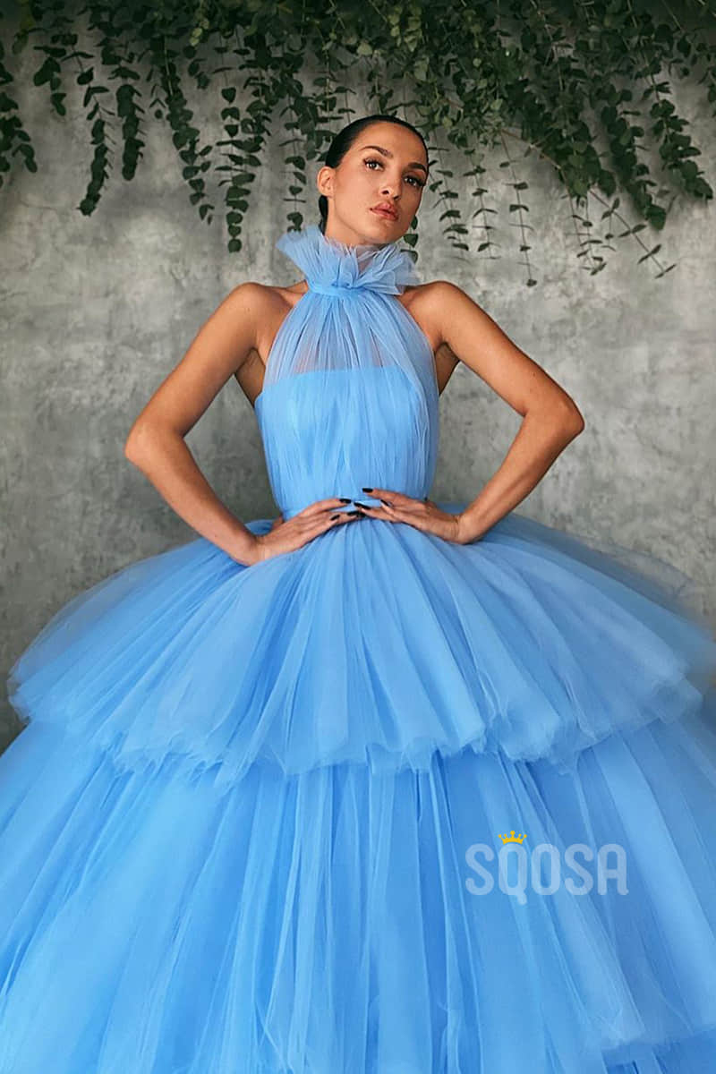 Ball Gown Sky Blue Tulle High Neck Long Prom Dress Formal Evening Gowns QP1252|SQOSA