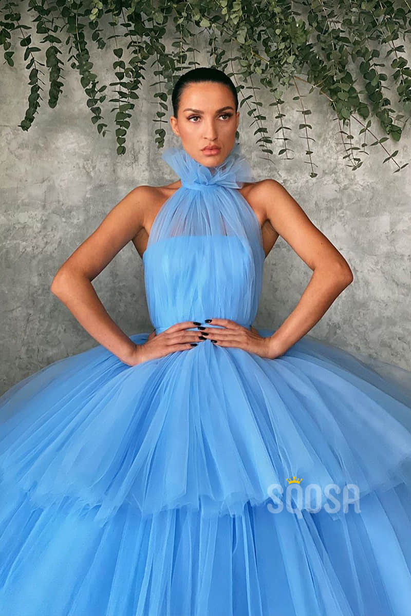 Ball Gown Sky Blue Tulle High Neck Long Prom Dress Formal Evening Gowns QP1252|SQOSA