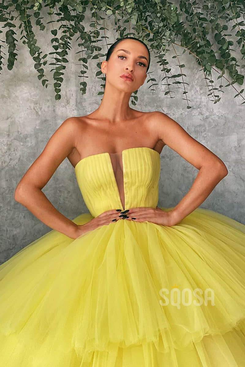 Ball Gown Strapless Yellow Tulle Long Prom Dress QP1253|SQOSA