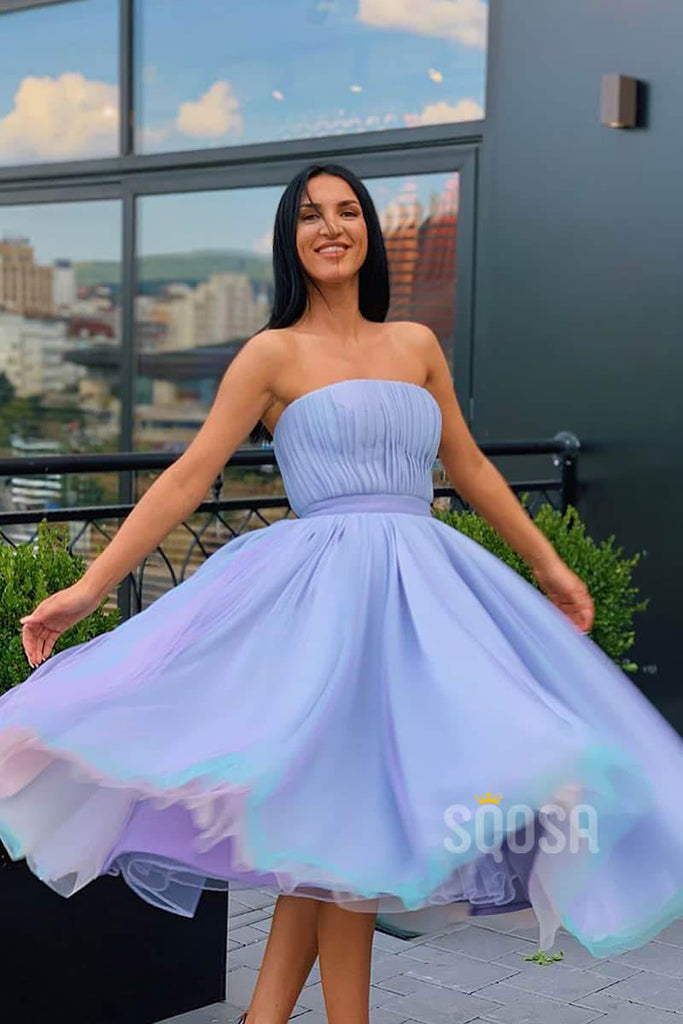 A-Line Strapless Tulle Pleat Short Prom Dress Homecoming Dress Tea Length QP1258|SQOSA