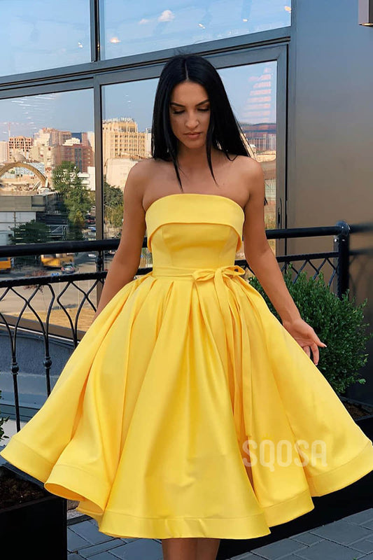 A-Line Strapless Satin Short Prom Dress Simple Homecoming Dress QP1259|SQOSA