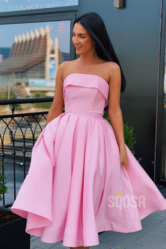 A-Line Strapless Satin Short Prom Dress Simple Homecoming Dress QP1259|SQOSA