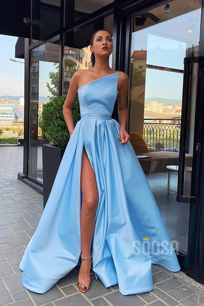 A-line One Shoulder Sky Blue Satin Long Prom Dress with Pockets QP1260|SQOSA