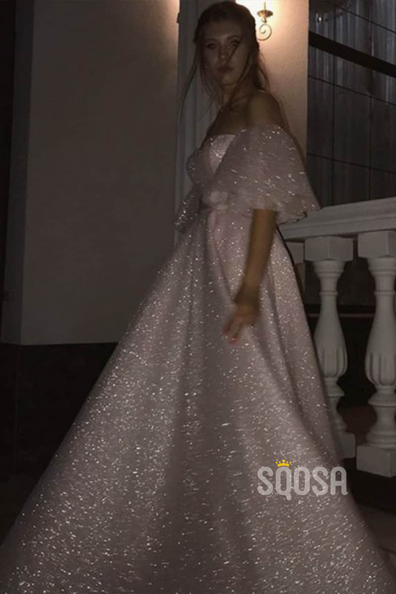A-Line Pink Sequins Sweetheart Long Sparkle Prom Dress with Sleeves QP1262|SQOSA