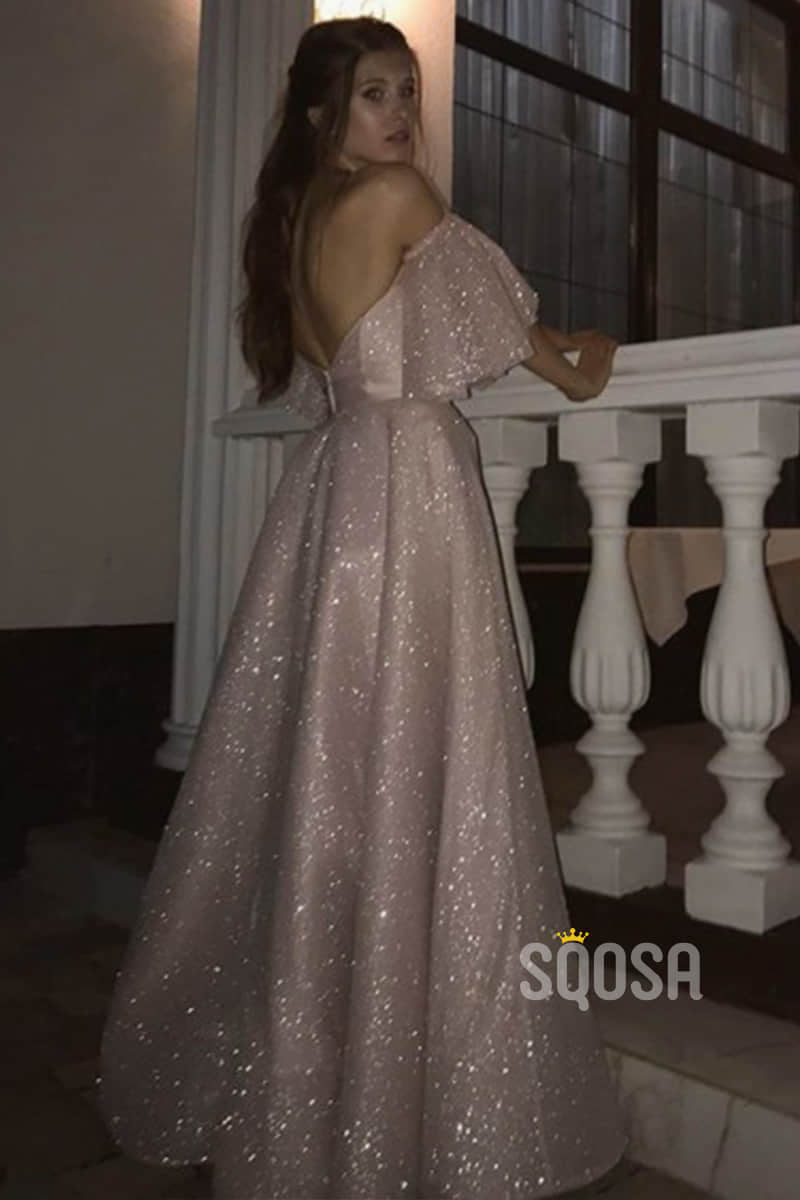 A-Line Pink Sequins Sweetheart Long Sparkle Prom Dress with Sleeves QP1262|SQOSA