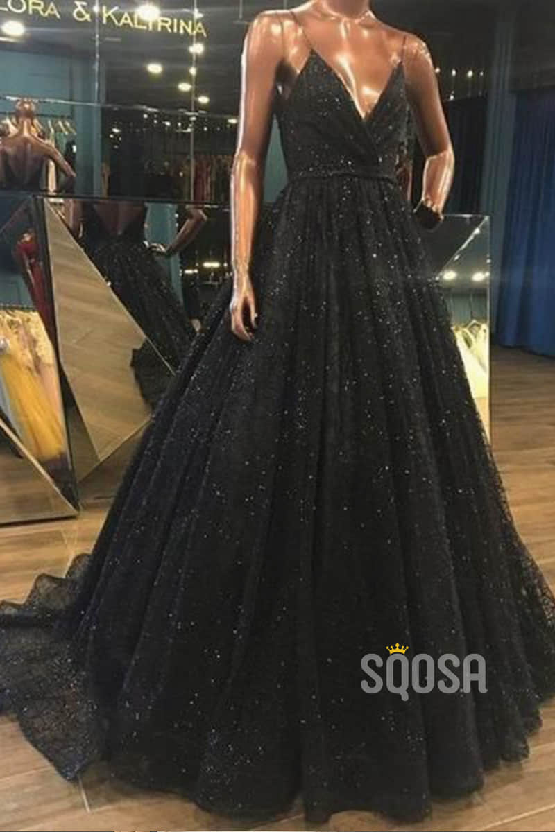 A-line V-neck Blask Sequins High Split Sparkle Prom Dress with Pockets QP1265|SQOSA