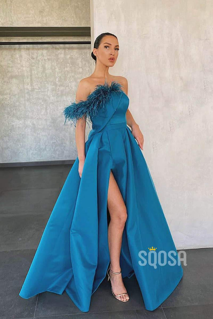 A-Line Blue Satin Strapless Chic Feather Long Prom Dress with Slit Evening Gowns QP1279|SQOSA