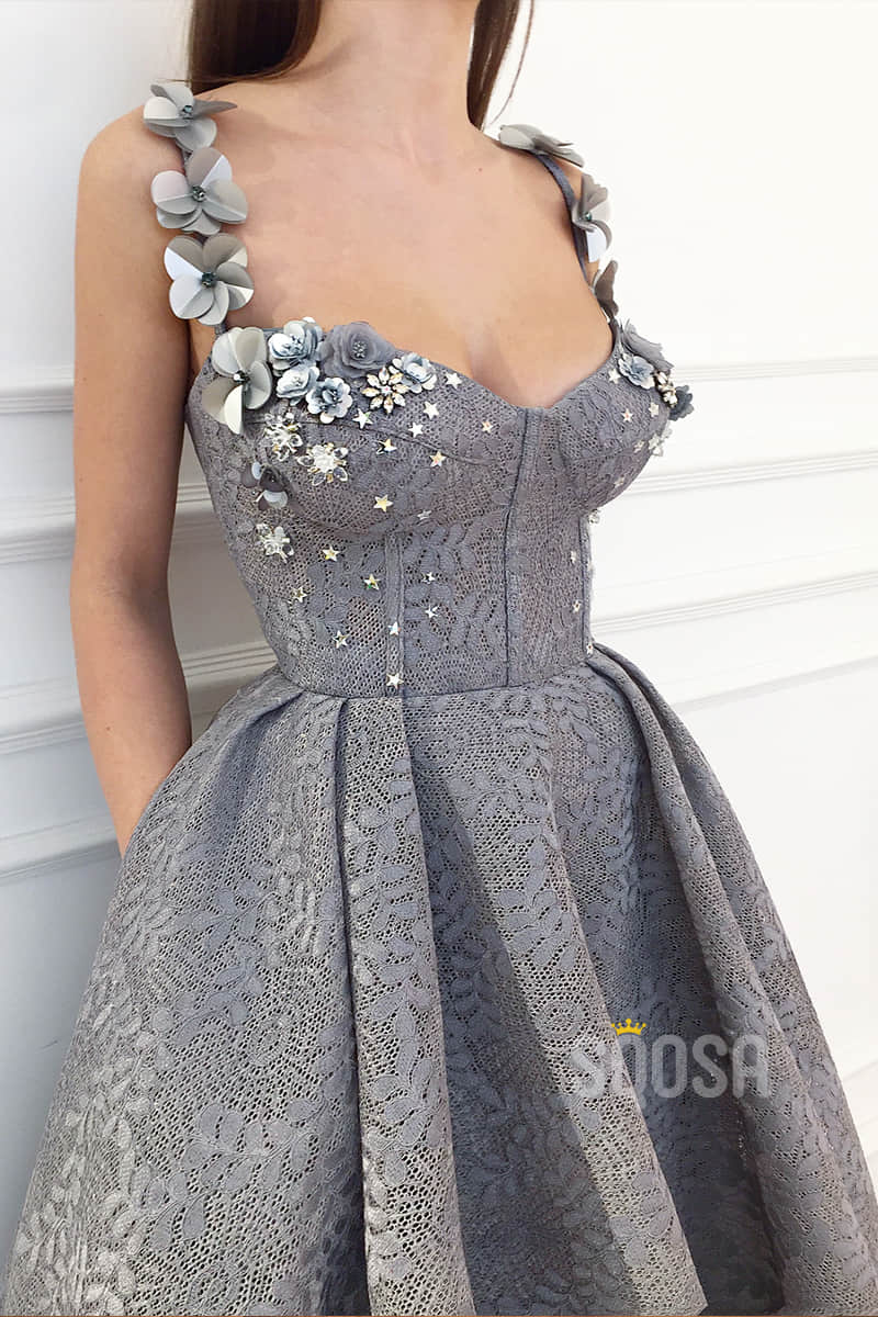 A-Line Sweetheart 3D Appliques Straps Lace Prom Dress with Pockets QP1280