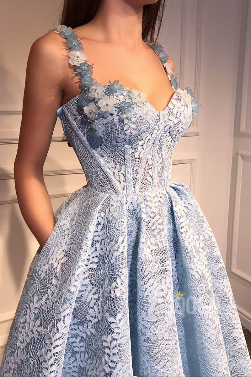 A-Line Sweetheart 3D Appliques Straps Lace Prom Dress with Pockets QP1280