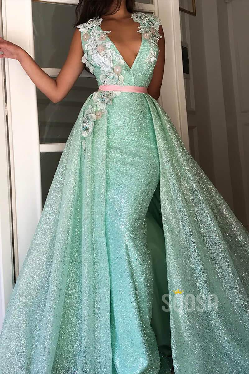Mermaid/Trumpet Prom Dress Deep V-Neck MInt Sequins Appliques Evening Gowns QP1285|SQOSA
