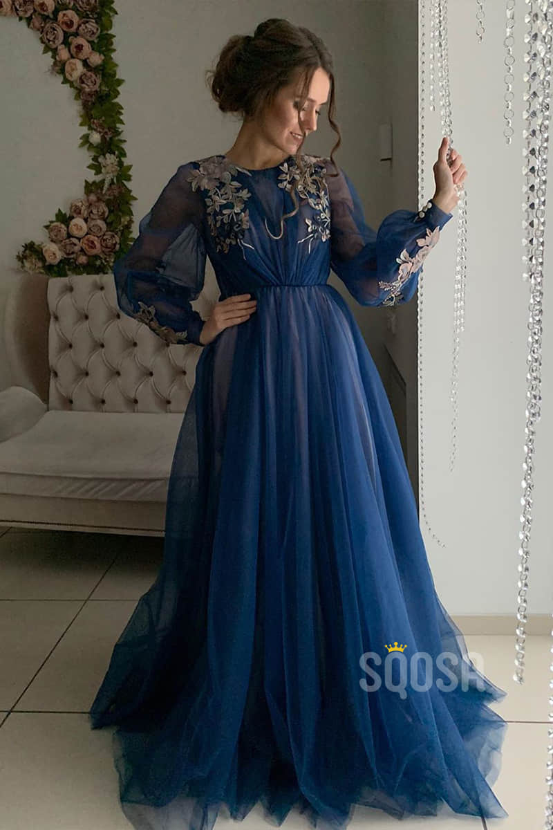 A-Line Illusion Long Sleeves Tulle Appliques Elegant Long Formal Evening Gowns QP1287
