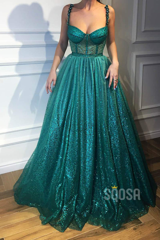A-line Sweetheart Spaghetti Straps Long Sparkle Prom Dress QP1296|SQOSA