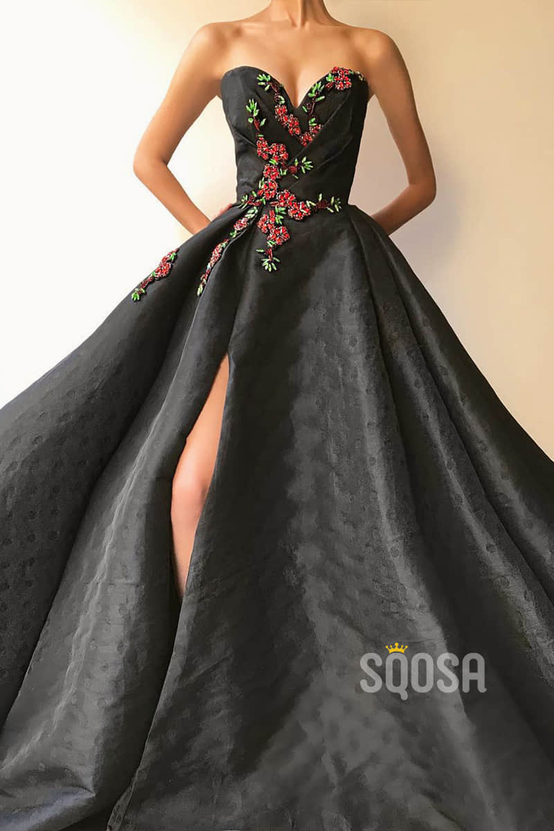 A-line Black Satin Beaded V Neck Long Formal Evening Gown with Slit QP1300|SQOSA
