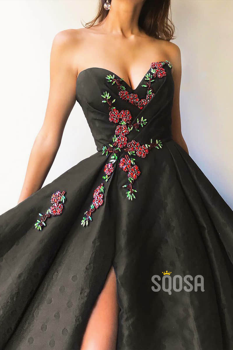 A-line Black Satin Beaded V Neck Long Formal Evening Gown with Slit QP1300|SQOSA