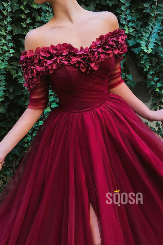 A-line Burgundy Tulle Off-the-Shoulder Appliques Long Formal Evening Dress with Slit QP1304|SQOSA