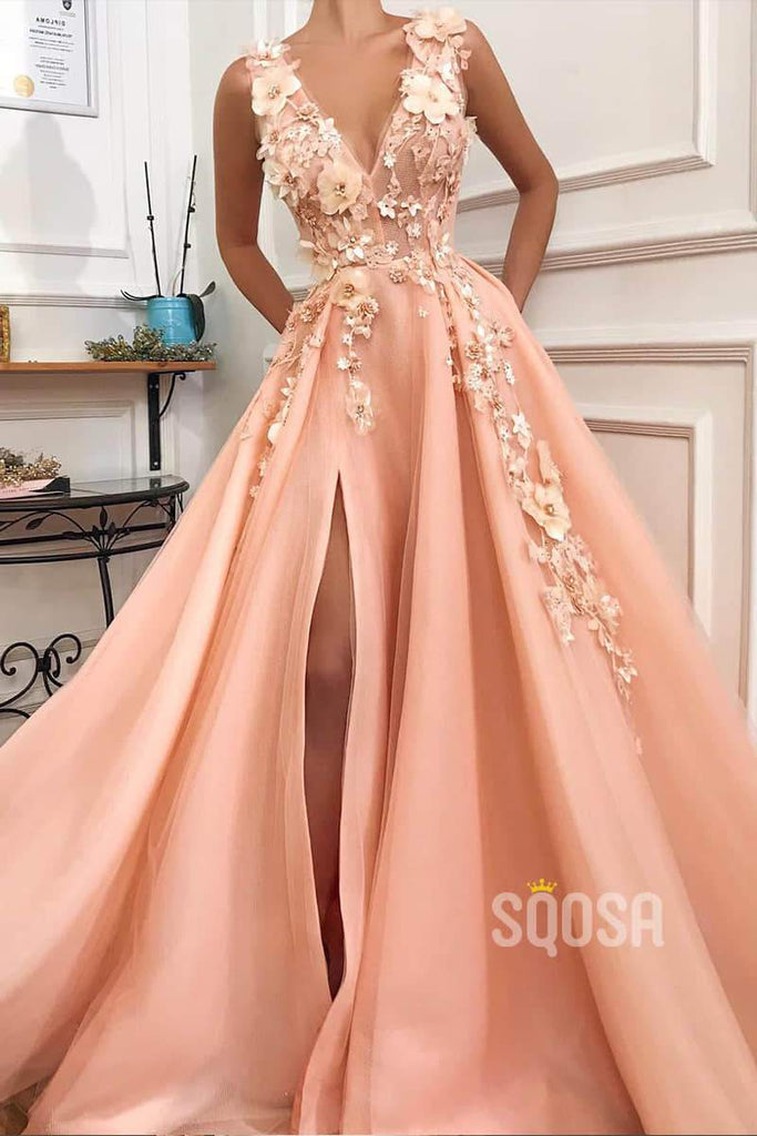A-Line V-neck Tulle Appliques Long Prom Dress with Slit QP1306|SQOSA