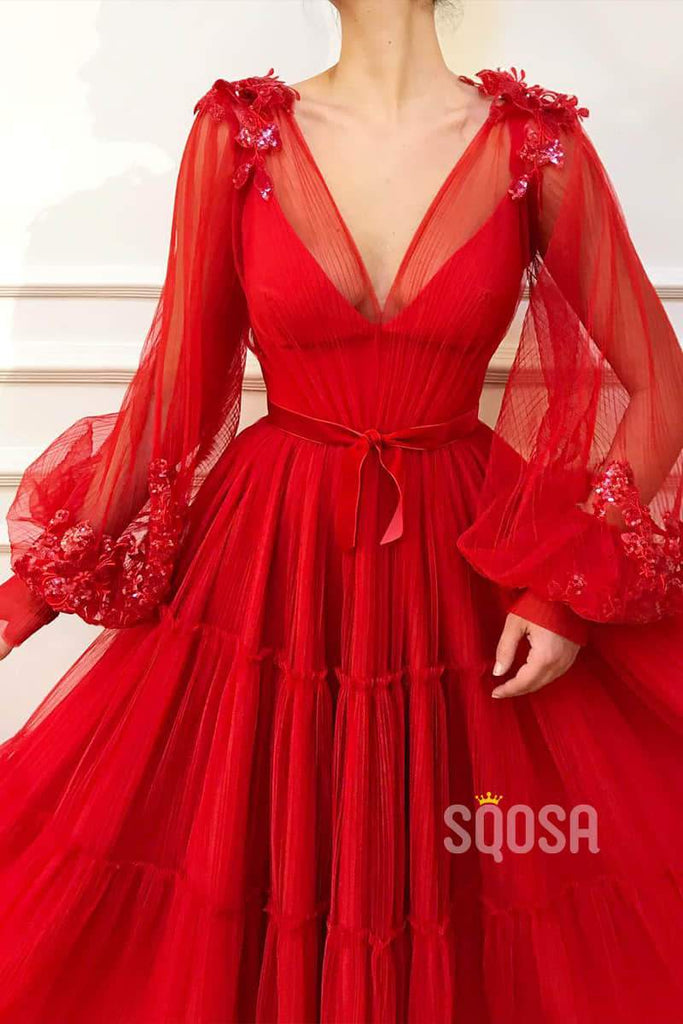 A-line Red Tulle V-neck Long Sleeves Long Formal Evening Dress QP1310|SQOSA