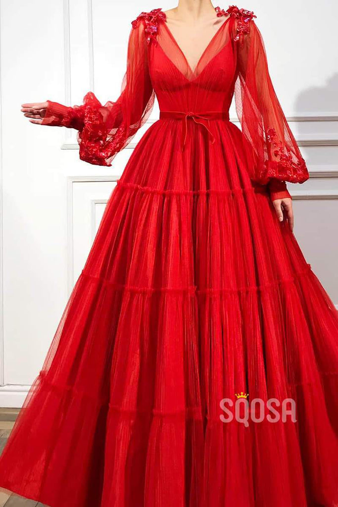 A-line Red Tulle V-neck Long Sleeves Long Formal Evening Dress QP1310|SQOSA