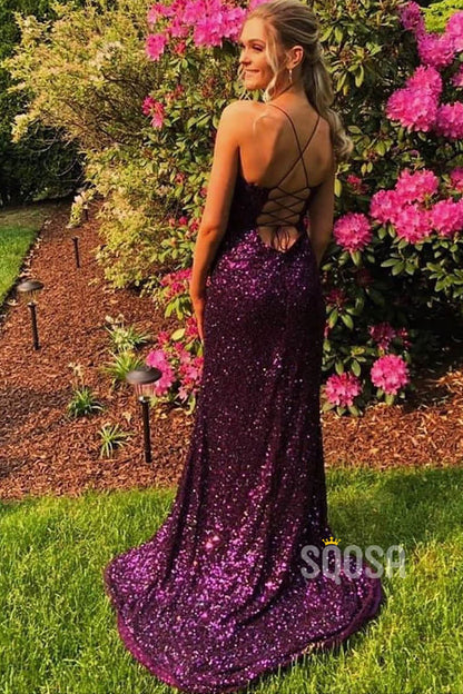 Purple Sequins Spaghetti Straps Scoop Sheath/Column Prom Dress with Slit QP1315