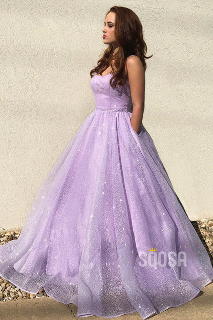 A-Line Lilac Tulle Scoop Spaghetti Straps Sparkle Prom Dress with Pockets QP1318|SQOSA