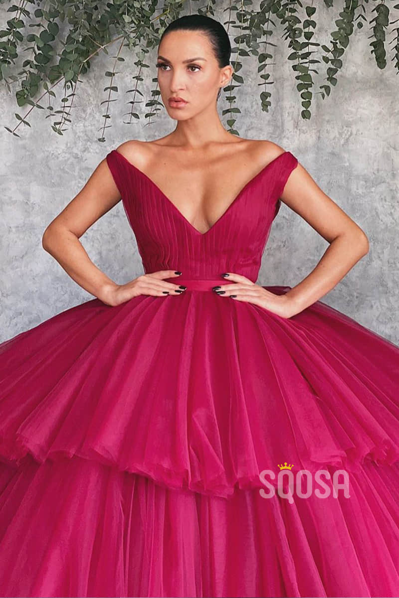 Ball Gown Off-the-Shoulder V-neck Long Formal Evening Gowns Prom Dress QP1320
