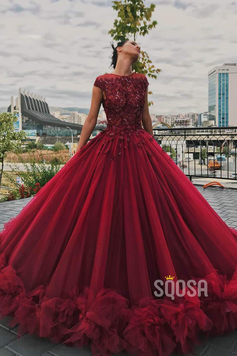 Ball Gown Burgundy Tulle Beaded Bateau Shor Sleeves Long Formal Evening Gowns QP1322|SQOSA