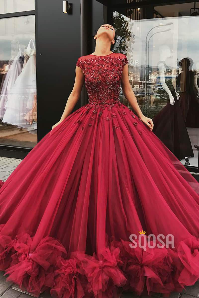 Ball Gown Burgundy Tulle Beaded Bateau Shor Sleeves Long Formal Evening Gowns QP1322|SQOSA