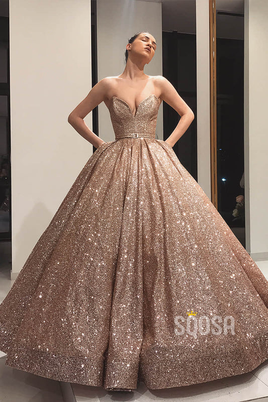 Ball Gown V-neck Gold Sequined Long Formal Evening Dress with Pockets Prom Dress QP1326|SQOSA